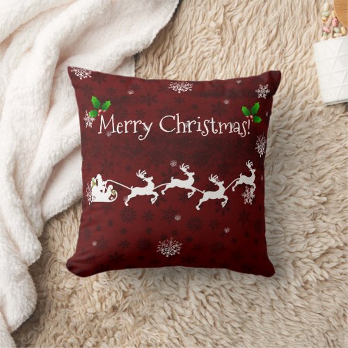 Red Santas Sleigh and Reindeer Throw Pillow