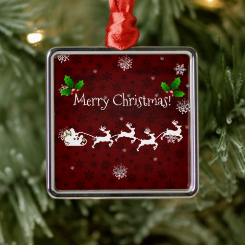 Red Santas Sleigh  Reindeer Ceramic Ornament