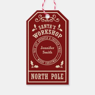 Red Santa's Workshop North Pole Christmas tags