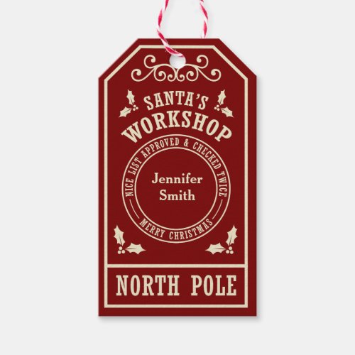 Red Santas Workshop North Pole Christmas tags