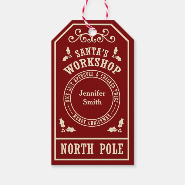 Red Santa's Workshop North Pole Christmas tags (Front)
