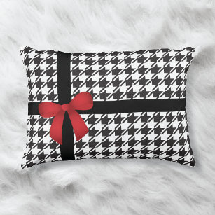 Red Satin Bow Houndstooth Pattern Accent Pillow