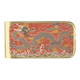 Red Satin Brocade with Cloud Chinese Dragon Gold Finish Money Clip