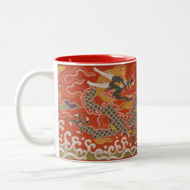 Red Satin Brocade with Cloud Chinese Dragon Two-Tone Coffee Mug (Left)