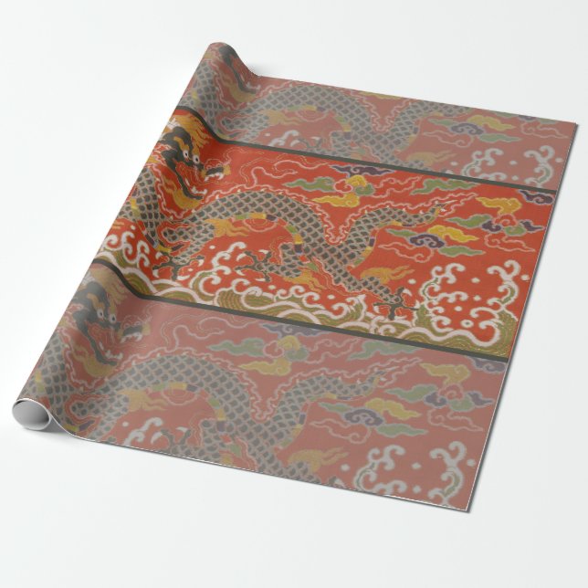 Red Satin Brocade with Cloud Chinese Dragon Wrapping Paper (Unrolled)