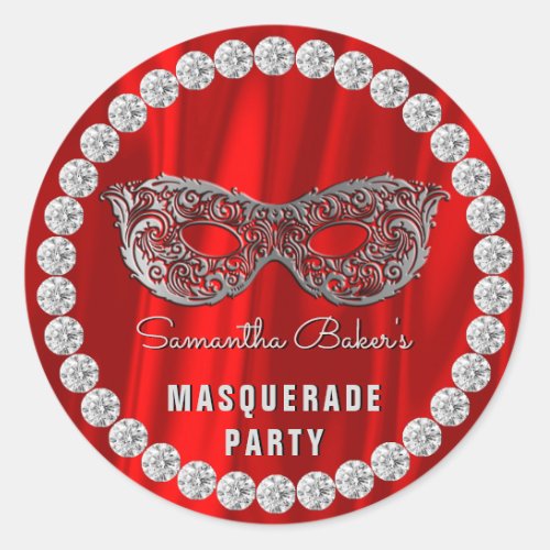 Red Satin Diamonds Masquerade Party Glam Birthday Classic Round Sticker