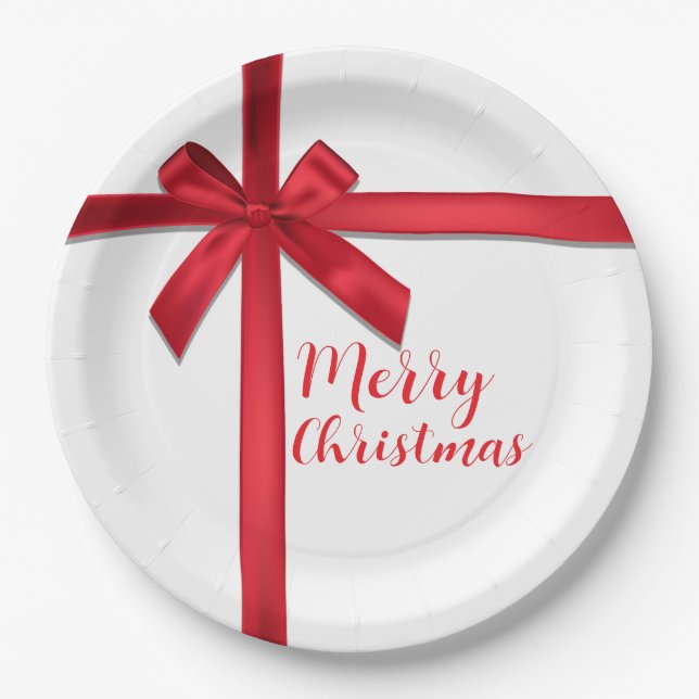 Red Satin Ribbon Bow Christmas Holiday Party Paper Plates (Front)