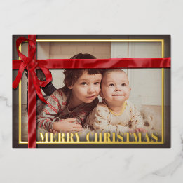 Red satin ribbon family photo Christmas Gold Foil Holiday Card