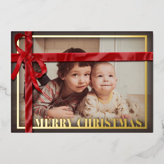 Red satin ribbon family photo Christmas Gold  Foil Holiday Card (Front)