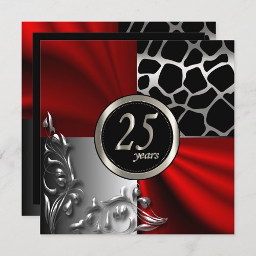 Red Satin  Silver 25 Year Party Invitation