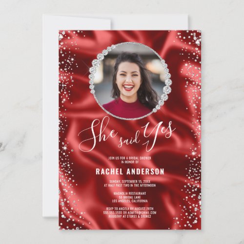 Red Satin Silver She Said Yes Bridal Shower Invitation