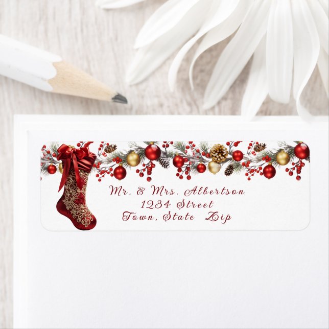 Red Satin Stocking Beautiful Christmas Garland Label (Insitu)