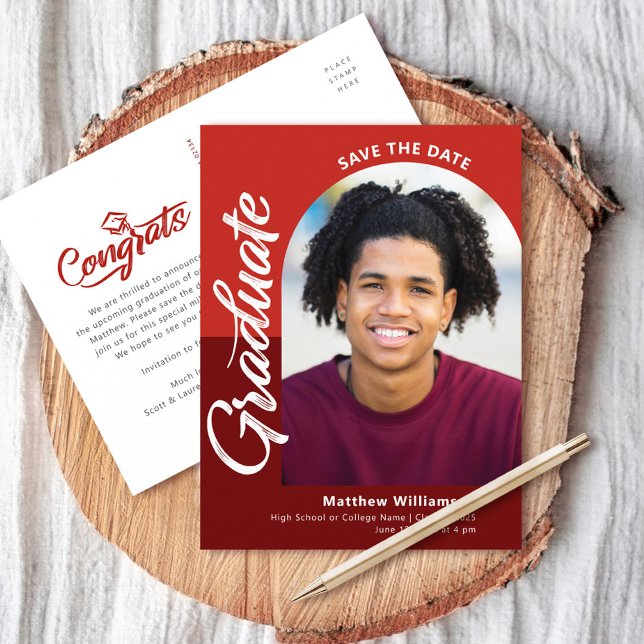Red Save Date Graduation Photo Bold Arch Script Invitation Postcard (Creator Uploaded)