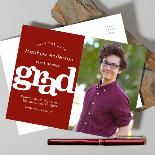 Red save date graduation photo bold typography invitation postcard