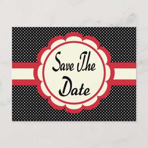 Red Save The Date Black  White Polka Dot Postcard