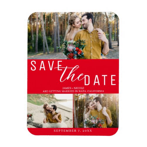 Red Save the Date Wedding 3 Photos Magnet