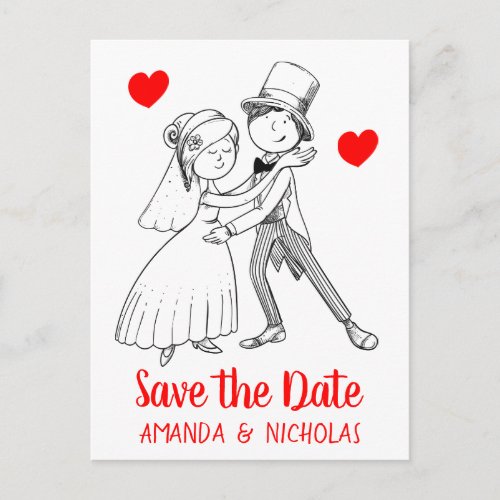 Red Save the Date Wedding Cartoon Bride Groom Postcard