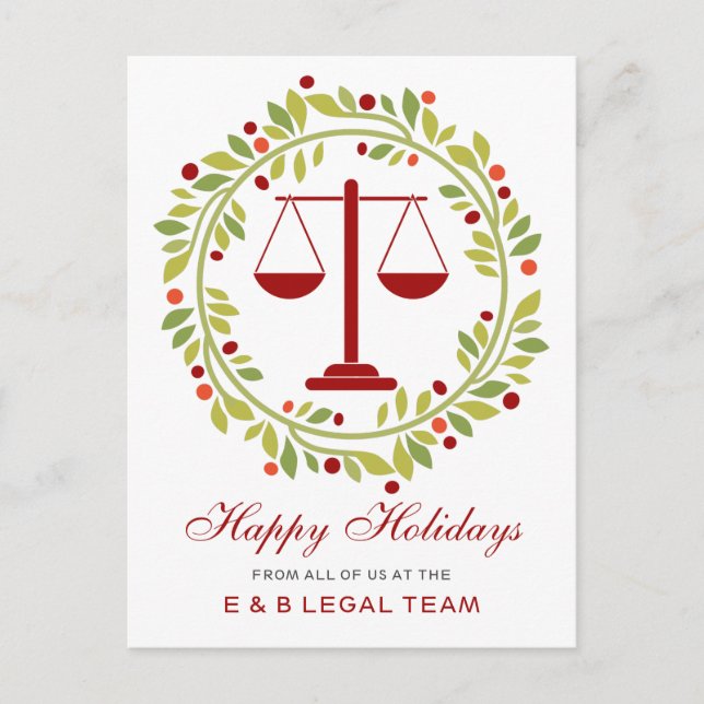 Red Scale Holly Wreath Simple Attorney Christmas Holiday Postcard (Front)