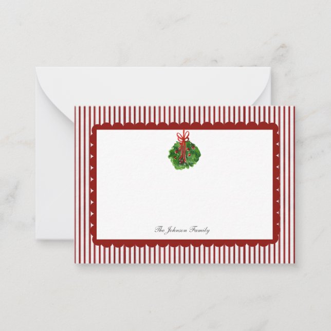 Red Scallop Ticking Stripe Christmas Holiday Note Card (Front)