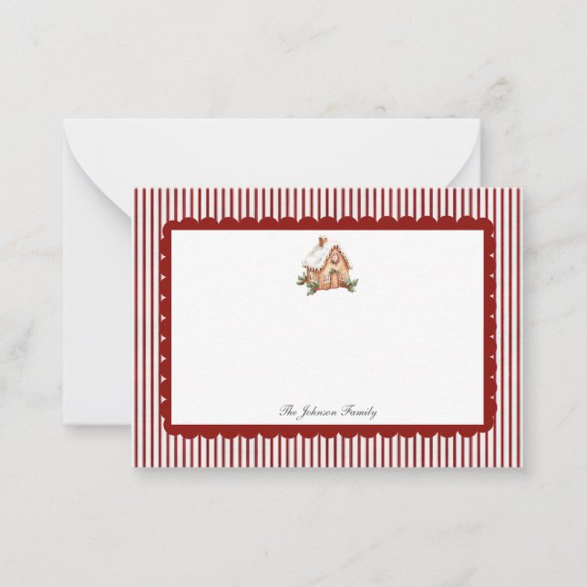 Red Scallop Ticking Stripe Christmas Holiday Note Card (Front)
