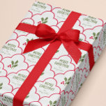 Red Scallop Tile Christmas Sprigs Custom Wrapping Paper<br><div class="desc">Give a truly personalized gift this Christmas season with one of a kind, personalized wrapping paper. Customize the greeting and the name text and skip gift tags since the info is already on this seasonally decorative paper. A pattern of elegant scalloped red arches is accented by illustrated sprigs of holly...</div>