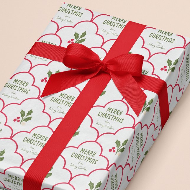 Red Scallop Tile Christmas Sprigs Custom Wrapping Paper (Creator Uploaded)