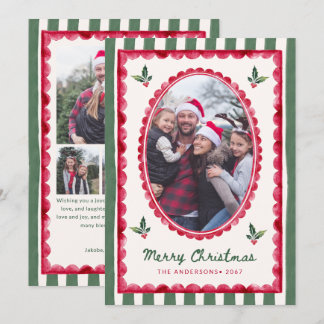 Red Scalloped & Stripes Christmas 5 Photo Holiday Card