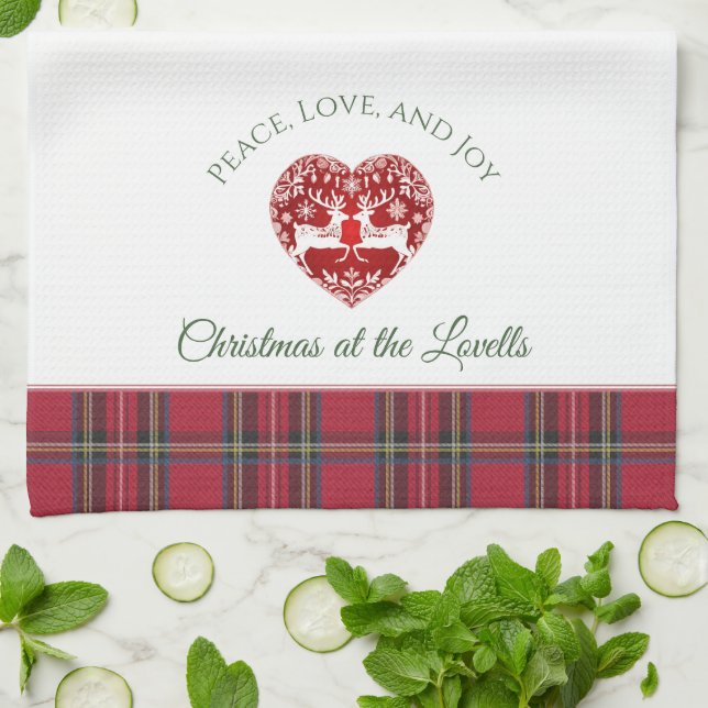 Red Scandi Heart Customized Name Christmas Kitchen Towel (Folded)