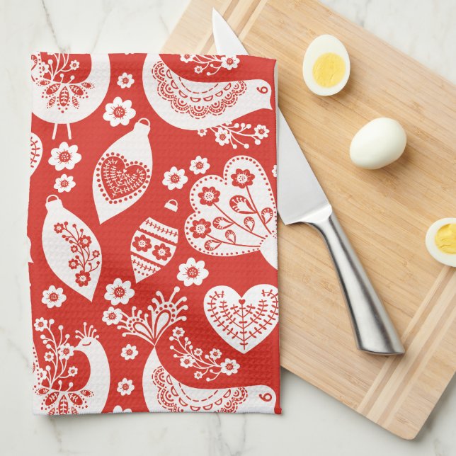Red Scandinavian Christmas Pattern with Birds Kitchen Towel (Quarter Fold)