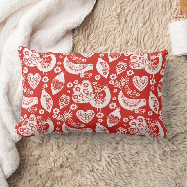 Red Scandinavian Christmas Pattern with Birds Lumbar Pillow (Blanket)