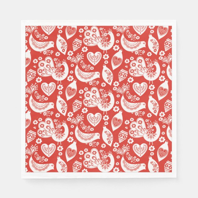 Red Scandinavian Christmas Pattern with Birds