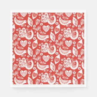Red Scandinavian Christmas Pattern with Birds