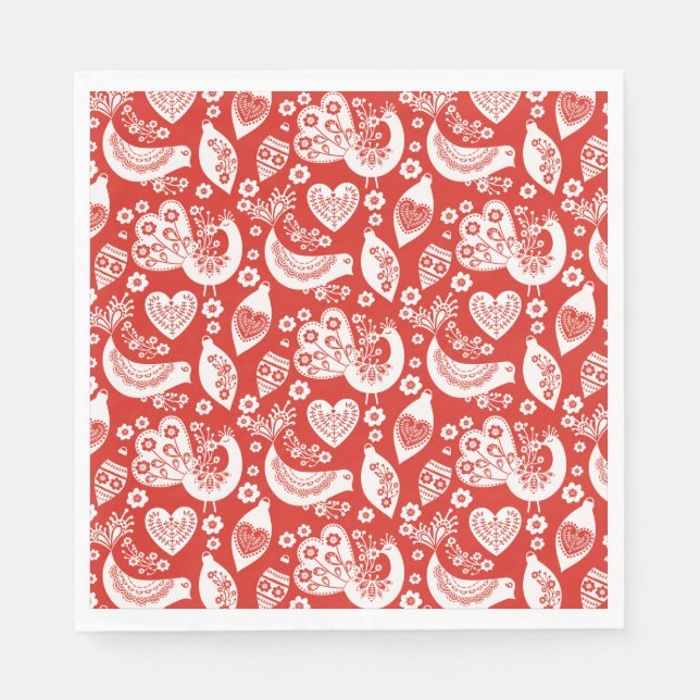 Red Scandinavian Christmas Pattern with Birds Napkins (Front)
