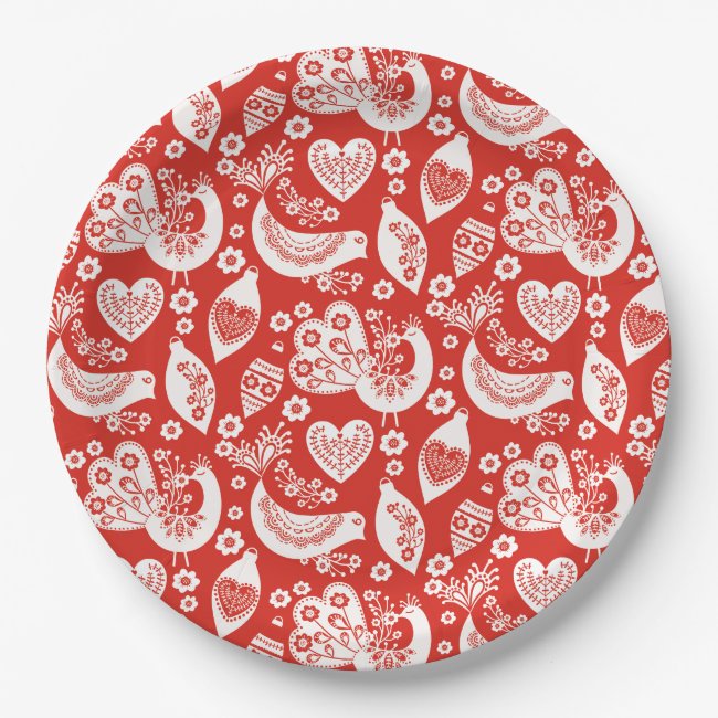 Red Scandinavian Christmas Pattern with Birds Paper Plates