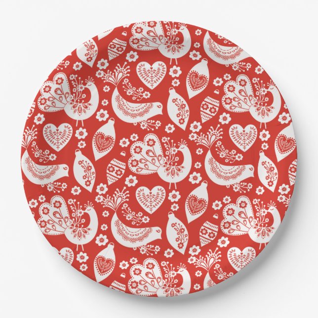 Red Scandinavian Christmas Pattern with Birds Paper Plates (Front)