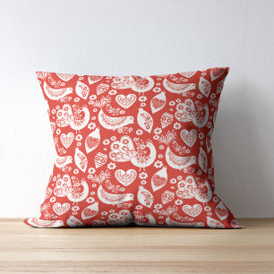 Red Scandinavian Christmas Pattern with Birds Throw Pillow