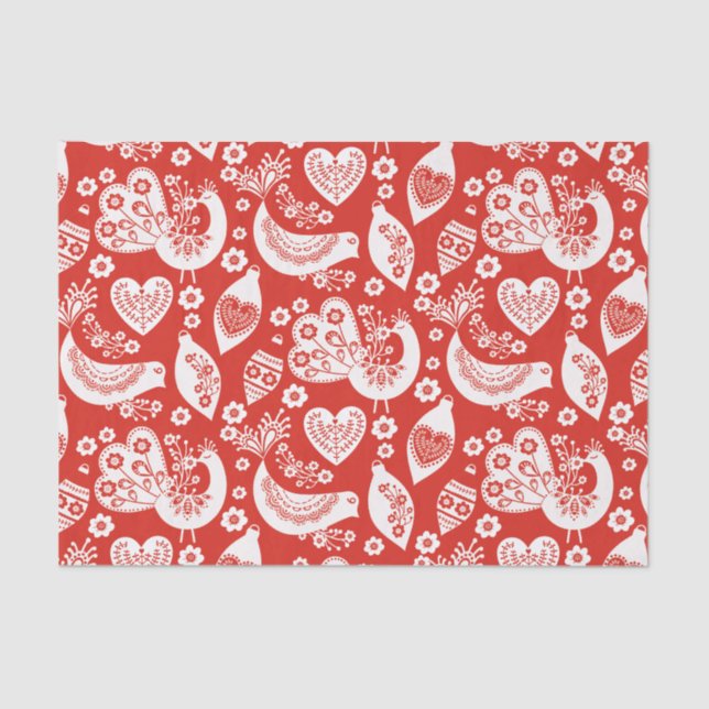 Red Scandinavian Christmas Pattern with Birds Tissue Paper (Front)