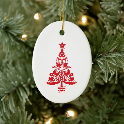 Red Scandinavian Christmas Tree Art Ceramic Ornament