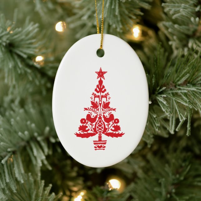 Red Scandinavian Christmas Tree Art Ceramic Ornament (Tree)