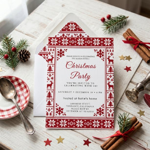 Red Scandinavian Fair Isle Knit Christmas Party Invitation