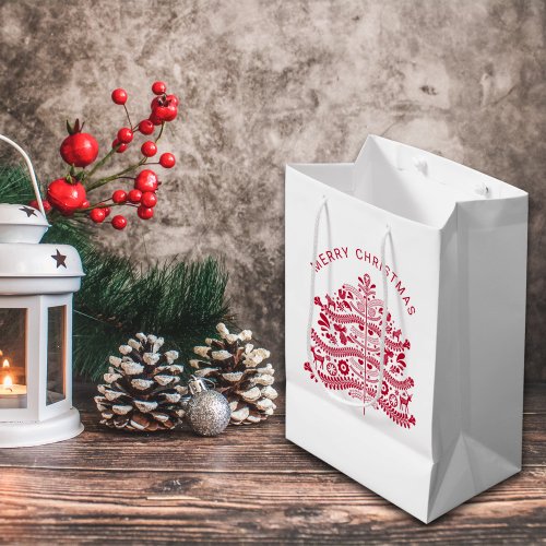 Red Scandinavian Folk Art Christmas Tree Medium Gift Bag