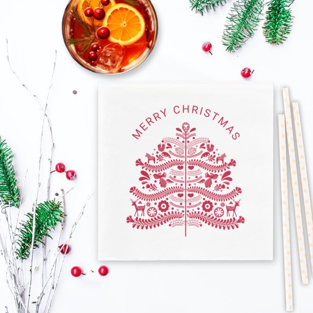 Red Scandinavian Folk Art Christmas Tree Napkins (Creator Uploaded)