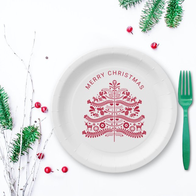 Red Scandinavian Folk Art Christmas Tree Paper Plates (Creator Uploaded)