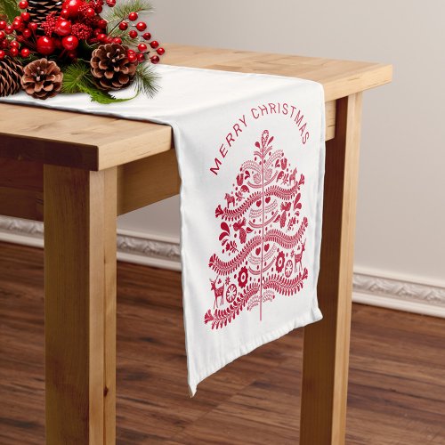 Red Scandinavian Folk Art Christmas Tree Short Table Runner