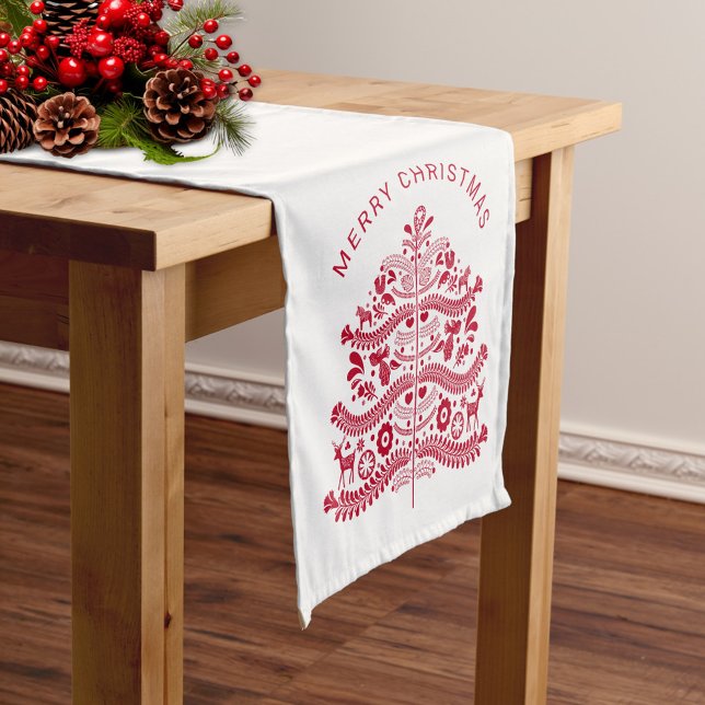 Red Scandinavian Folk Art Christmas Tree Short Table Runner (Creator Uploaded)