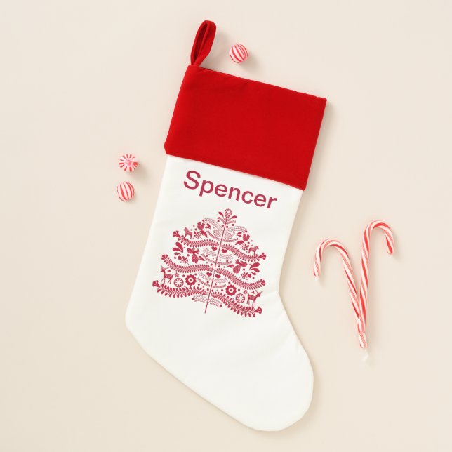 Red Scandinavian Folk art Nordic  Christmas Tree Christmas Stocking (Front)