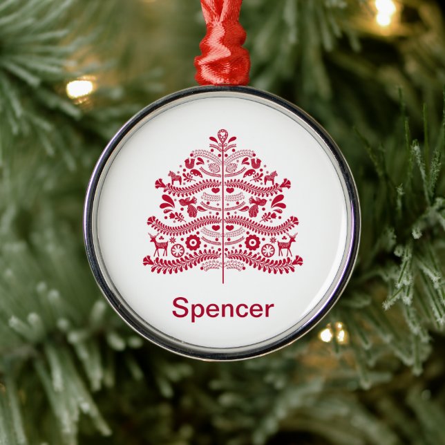 Red Scandinavian Folk Art Nordic Christmas Tree Metal Ornament (Tree)
