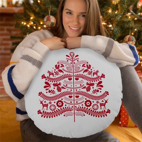 Red Scandinavian Folk Art Nordic Christmas Tree Round Pillow