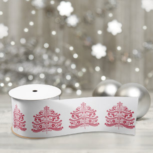Red Scandinavian Folk Art Nordic Christmas Tree Satin Ribbon