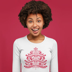 Red Scandinavian Folk Art Nordic Christmas Tree T-Shirt